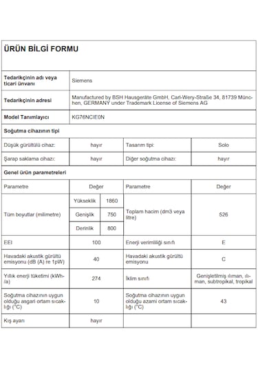Siemens KG76NCIE0N 526 LT No-Frost Kombi Tipi Buzdolabı
