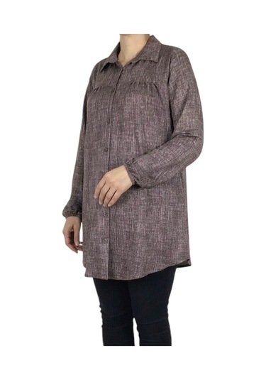 Mevsimlik Kolları Lastikli Boydan Düğmeli Gömlek Kahverengi