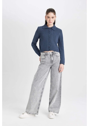 Defacto Regular Fit Polo Yaka Basic Düz Düğmeli Triko Hırka D5395AX24AUNV215 Lacivert