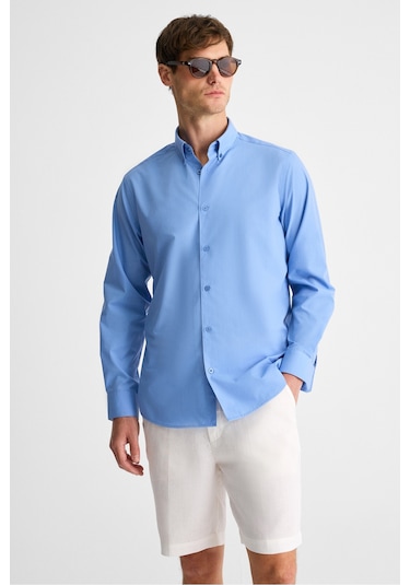 RISTO Erkek Düğmeli Yıkama Sonrası Ütü İhtiyacını En Aza İndiren Kumaş Gömlek Yaka Manşetli Koyu Mav