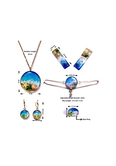 Altın Kaplama Çelik Kolye Küpe Bileklik Yüzük ve Saç tokası Mavi