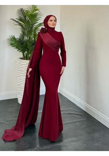 Pelerinli Abiye Bordo