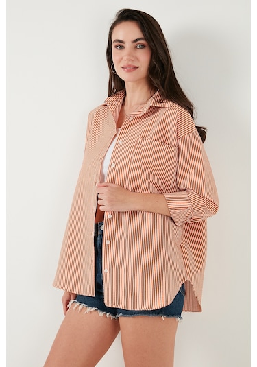 Lela Regular Fit Uzun Kollu Cepli Çizgili Bayan Gömlek 6772895 Kiremit