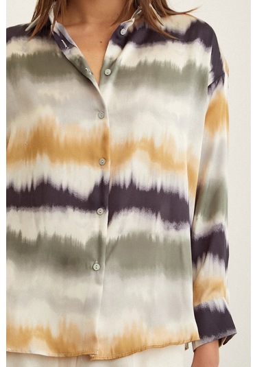 Kadın Uzun Kol Sulu Boya Desenli Renkli Pamuk Saten Premium Kalite Spor Şık Gömlek Haki