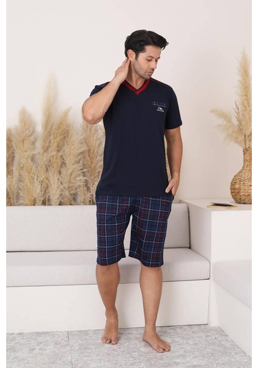 Erkek V Yaka Düğmesiz Ekose Desen Kısa Kol Cepli Şortlu %100 Pamuk Pijama Takımı Lacivert