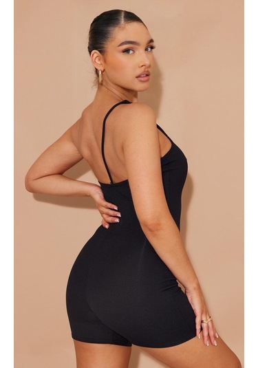 Modasize Kadın Asimetrik Askılı Mini Kaşkorse Bodycon Tulum Siyah