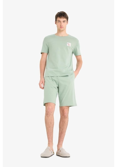 Defacto Pijama Takımı Baskılı Kısa Kollu Üst Şort F6184ax25spgn1107 Yeşil