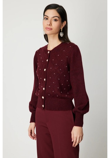 On Kadın İnci Düğmeli Triko Hırka 63922 Bordo Bordo