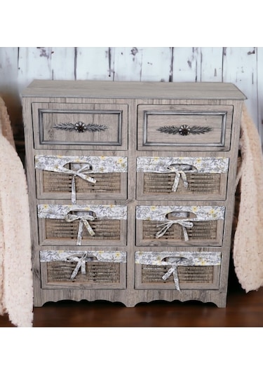 Ahşap 8 Çekmeceli Hasır Görünümlü Sebzelik Rustik