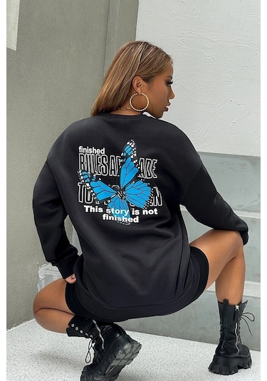 Modagen Kadın Ön Arka Kelebek Baskılı Siyah Bisiklet Yaka Oversize Sweatshirt Ssiyah