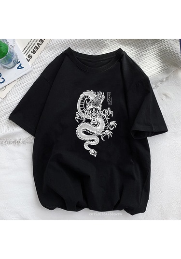 Snapbuy Ejderha Baskılı Kadın T-shirt - Rahat Polyester Gömlek - Genç Kız Üsterkek Bej