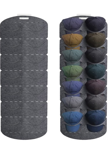 Geeroyoo Yumuşak Feltli Şapka Organizörü - Duvar/d Kapı Montajlı, 14 Şapka Kapasitesi, Şekli Koruyan Görünür Saklama Rafı Gri