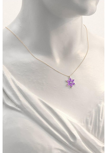 Brezza Lusso Jewelry 925 Ayar Lotus Çiçeği Ametist Taşlı Rose Kadın Kolye Küpe Set 40962551 42 CM 42 CM