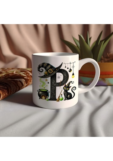 P Harfli Halloween Kedili Figür Kupa Bardak - Şapkalı Ve Kazanlı İsme Özel Kupa - Hediye 07 Beyaz