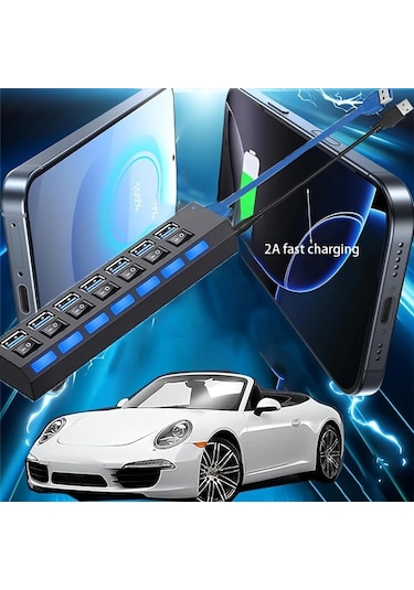 Xuweiwei Araç İçin Usb 7 Portlu Çift Kablolu Adaptör, 5g Veri Aktarım, Anahtarlar Ve Led Göstergeler, Hızlı Şarj Kablosu