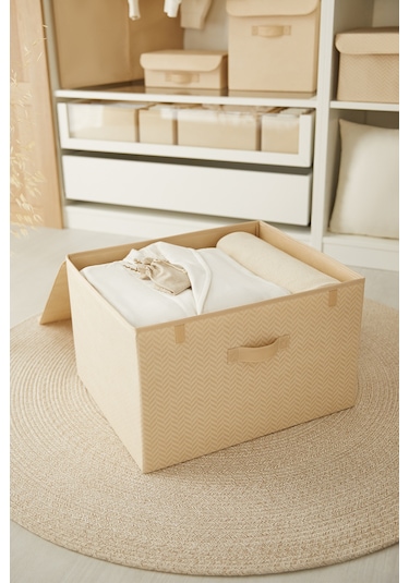 Ocean Home Textile Bej Balıksırtı Kapaklı Kutu 48 x 40 x 30 cm