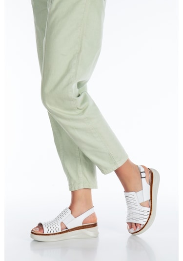 İlolica İç Dış Hakiki Deri Yüksek Taban Kadın Sandalet Beyaz