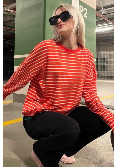 Kırmızı Çizgili Sweatshirt Mg2572 Kırmızı