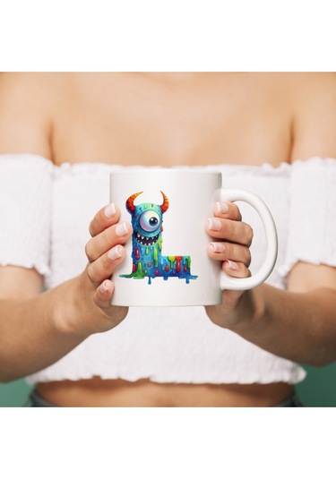 L Harfi Bardak, Sevimli Canavarlar Harflı Bardak Hediyesi Porselen Beyaz