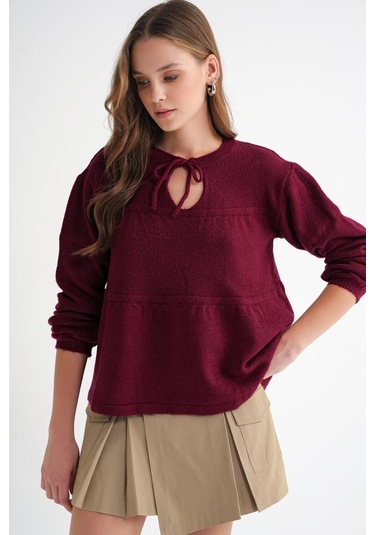 6950 Kadın Yakası Bağcıklı Pileli Triko Kazak Bordo Bordo
