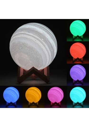 Willowhaven 18cm 3d Baskılı Jüpiter Led Gece Lambası, Usb Şarjlı 7 Renkli Değişen, Ahşap Tutucu Çok Renkli