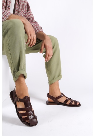 Sur Sandalet El Yapım Kösele Erkek Bodrum Sandalet Kahverengi