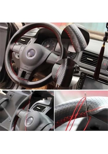 Sportif Dikmeli Delikli Deri Direksiyon Kılıfı Noktalı Dikişli + Kırmızı