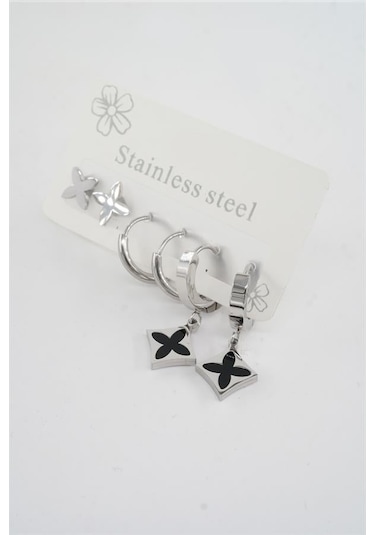 Kadın 316 L Paslanmaz Çelik Kararmaz 6'lı Küpe Seti-5395 Gümüş