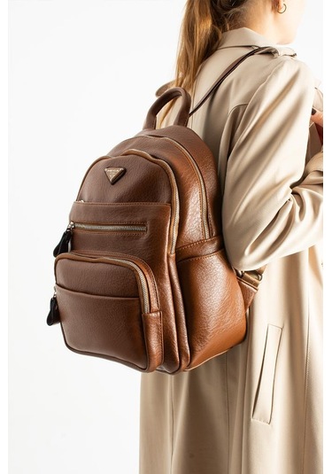 Vegan Deri Kadın Sırt Çantası 35 25 Cm Yağmur İtici Kumaş Mega Bag Günlük Kullanıma Uygun Taba