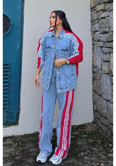 Kadın Kot Garnili Yanı Kırmızı Şeritli Palazzo Alt Üst Takım Çok Renkli