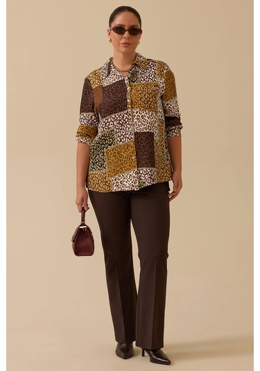 Galaxi Kadın Büyük Beden Desenli Gömlek 4016 Kahverengi Kahverengi