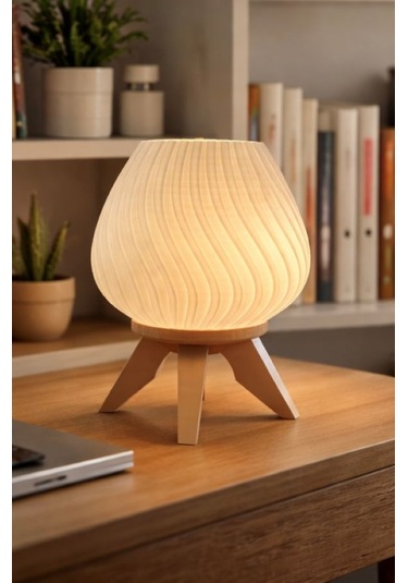 3d Baskı Dalgalı Beyaz Gece Lambası Ahşap Ayak Görünümlü Minimalist Abajur