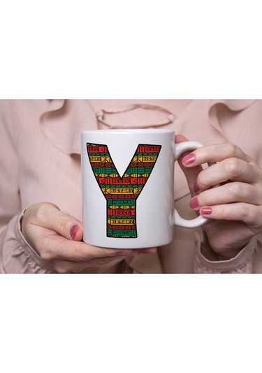 Y Harfi Etnik Desenli Kupa - Afrika Tarzı Kahve Çay Kupası - Hediyelik - Black History Beyaz