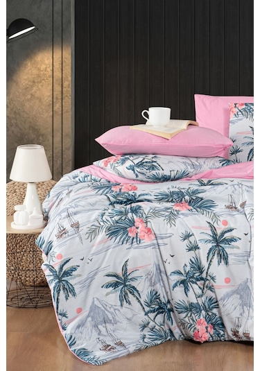 Mystory Home Lastikli Çarşaflı Çift Kişilik Nevresim Takımı Palmiye Mavi - Pudra