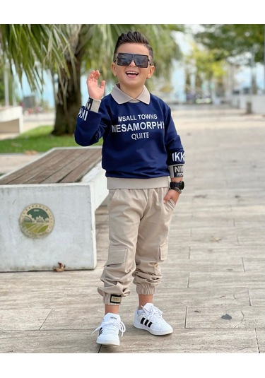 Modavals Gömlek Yaka Sweatshırt Ve Gabardin Kargo Pantolon Erkek Çocuk Kombin Lacivert