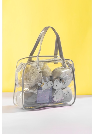 Porsima 3145 Tavşan Figürlü Seyahat Seti - Diş Fırçası Kutusu Banyo Lifi Sabun Kutusu Gri Gri