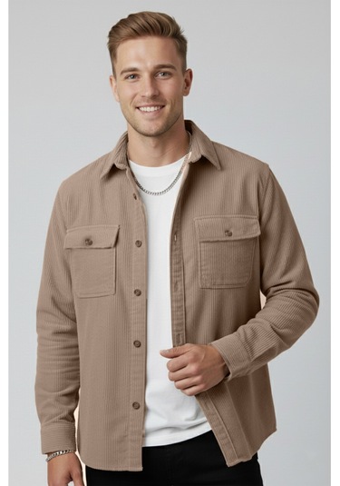 Deepsea Vizon Cepli Likralı Kadife Kumaş Rahat Kesim Erkek Gömlek Yumuşak Dokulu, Şık Tasarım Gömlek 2600759 Vizon