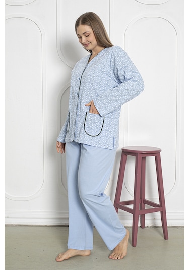 %100 Pamuklu Uzun Kollu Boydan Düğmeli Büyük Beden Kadın Pijama Takımı 206 Mavi