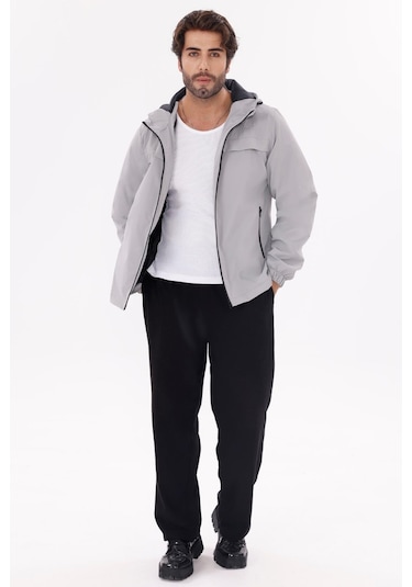 Erkek Kapüşonlu Nova Kumaş Hafif Ve Dayanıklı Şık Mevsimlik Su Ve Rüzgar Geçirmez Yağmurluk Açık Gri