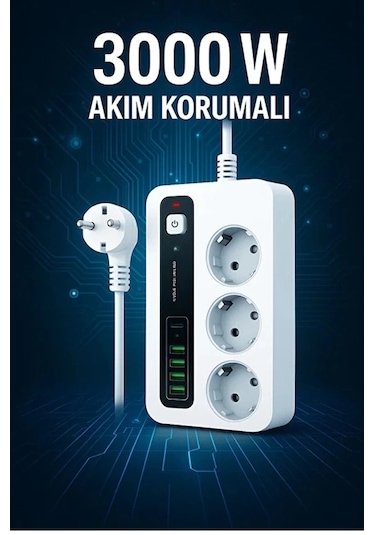 Vtn-p10 3x Priz 3000w Akım Korumalı 4x Usb 2x Type-c Girişli Çoklu Priz 2 M