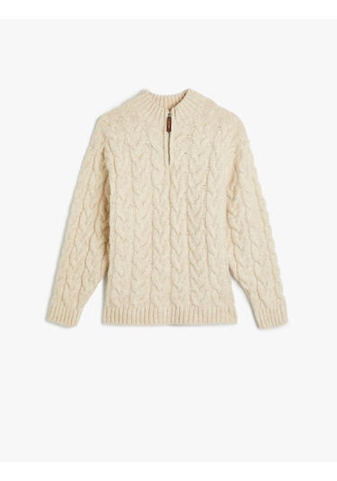 Koton Yarım Fermuarlı Saç Örgüsü Detaylı Uzun Kollu Kazak Ekru 5wkb90004ht Ekru