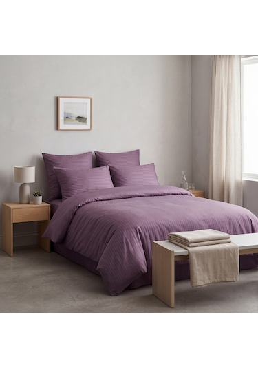 Goldroom Home Çizgili Pamuk Saten Çift Kişilik Nevresim Takımı Açık Mürdüm