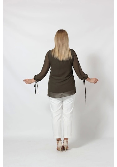 3243-1 Haki Kol Ucu Bağlama Detaylı Bluz Haki