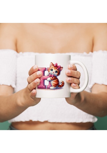 H Harfli Bardak, Sevimli Kedili Pembe Tasarım Bardak, Arkadaşa Aileye Hediye Porselen Beyaz