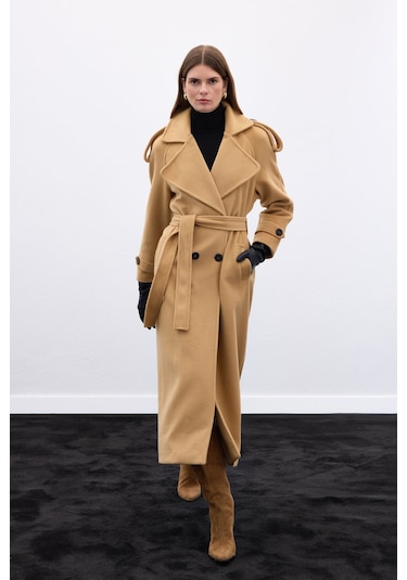 Sateen Geniş Yaka Uzun Kaban - Camel-136666 Camel