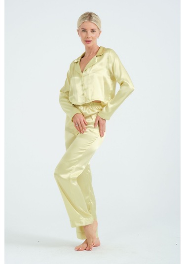 Laperissa Kadın Yeşil Crop Saten Pijama Takımı Gömlek Yaka, Düğmeli, Şık Ev Giyim Yeşil