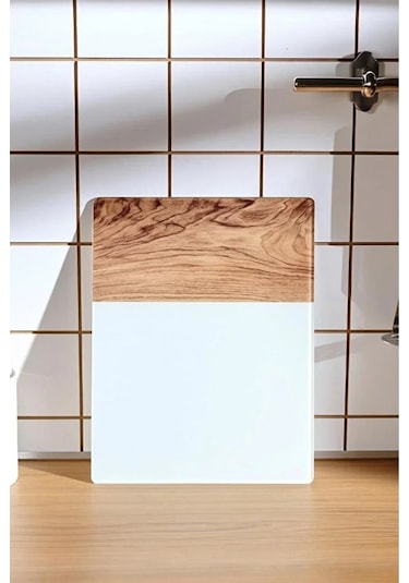 Temperli Cam Kesme Tahtası Beyaz- Ahşap Kesme Tahtası Sunum Tahtası Cam Doğrama Tahtası 25x35 Cm Beyaz - Kahverengi