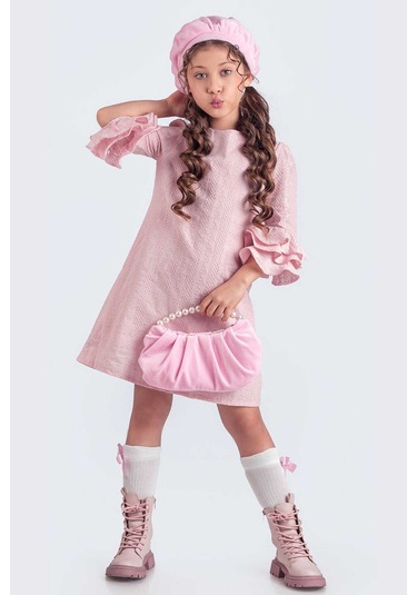 Pudra Valon Kesim Şapkalı-çantalı Elbise Pudra