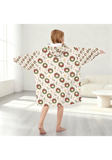 Noel Temalı 6-13 Yaş Çocuk Giyilebilir Battaniye Hoodie, Kalın Peluş, Büyük Boy-a118 Krem - Pembe