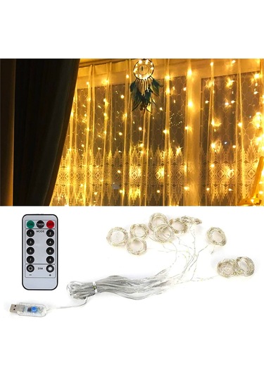 Upway 3x3 Metre Kumandalı 8 Modlu Askılı Usb 300 Led Işıklı Perde Gün Işığı Sarı